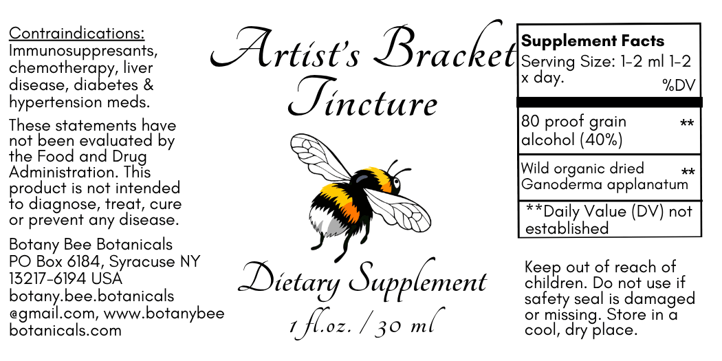 A product information card for Artist's Bracket Tincture dietary supplement by Botany Bee Botanicals, featuring a bee illustration and supplement facts on a white background.