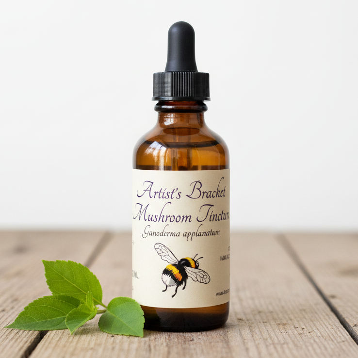 Label for Artist's Bracket Mushroom Tincture with bee illustration and text details.