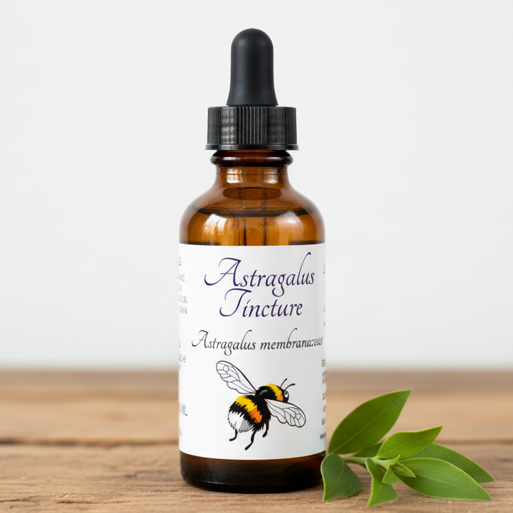 Label for Astragalus Tincture with bee illustration and text on a white background