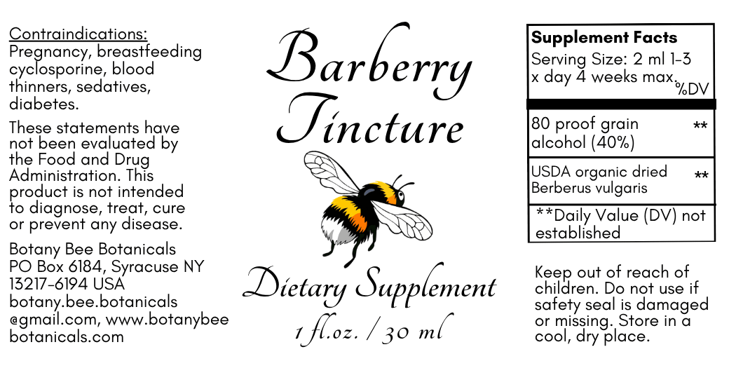 A product label for Barberry Jincture dietary supplement by Botany Bee Botanicals, featuring a black and white bee illustration, usage instructions, and a supplement facts panel on a white background.