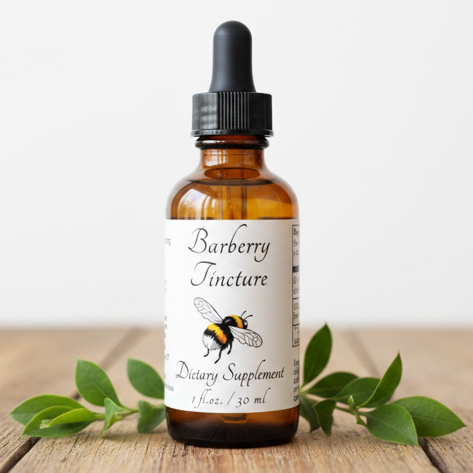 Barberry Root Tincture dietary supplement with bee illustration and text.