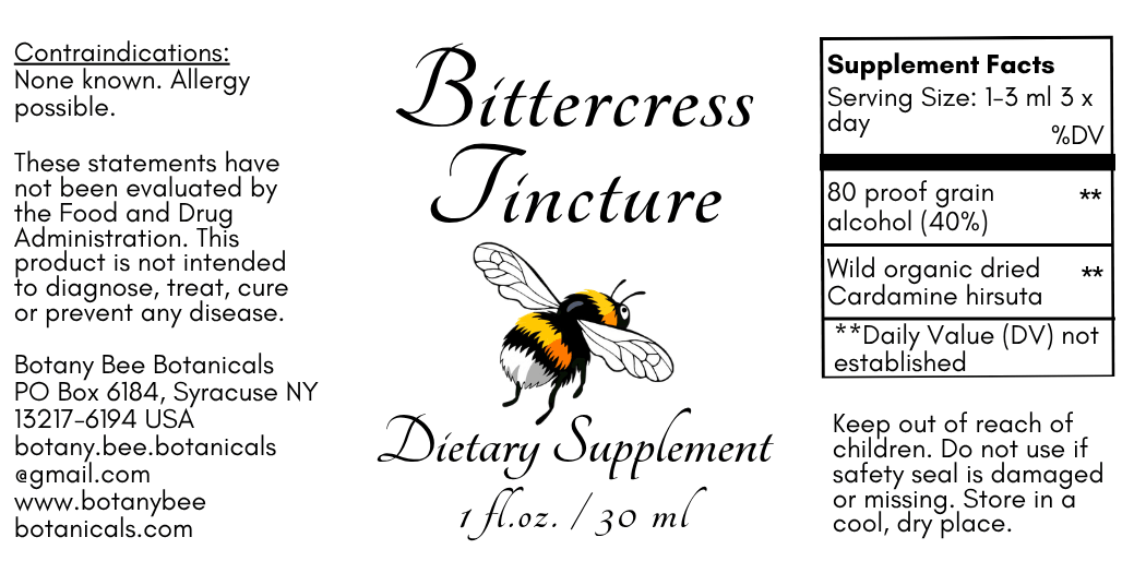 A square product label for Botany Bee Botanicals Bittercress Tincture dietary supplement, featuring a black and yellow bumblebee illustration, product name, serving size, and a supplement facts panel on a white background.