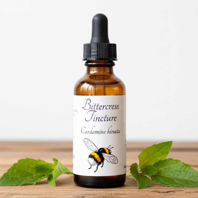 An amber glass dropper bottle labeled 'Bittercress Tincture' with a black dropper cap, placed on a wooden surface with green leaves on both sides against a plain light background.