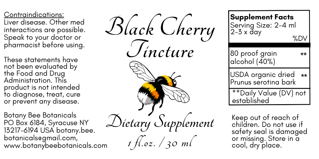 Black Cherry Fiancee dietary supplement label by Botany Bee Botanicals, featuring a black and white bee illustration, serving size of 2-4 ml, and supplement facts on a white background.