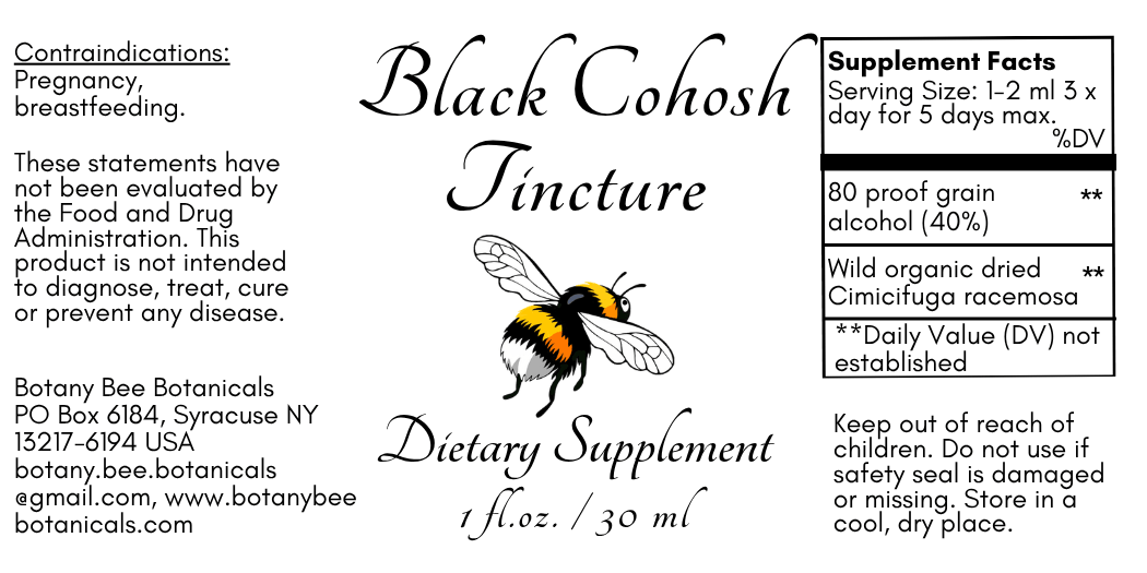 A product label for Black Cohosh Tincture dietary supplement by Botany Bee Botanicals, featuring a bee illustration and supplement facts panel.