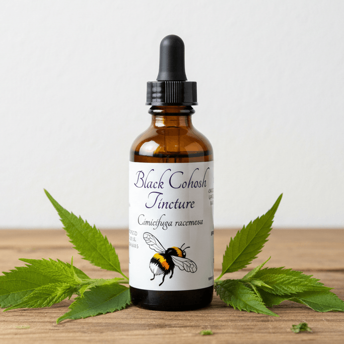 An amber glass dropper bottle labeled 'Black Cohosh Tincture' sits on a wooden surface with green leaves arranged around it against a plain light background.