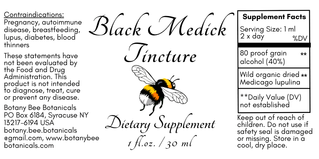 A supplement facts and usage label for Black Medick Tincture dietary supplement by Botany Bee Botanicals, featuring a bee illustration and warning text on a white background.