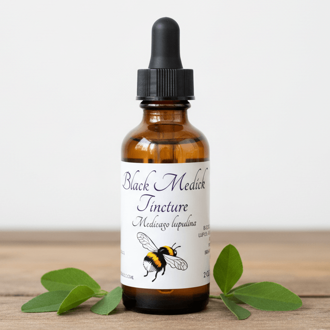 An amber glass dropper bottle labeled 'Black Medick Tincture' with a white label and black dropper cap, placed on a wooden surface with green leaves around it against a light background.
