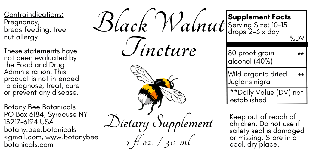 Black Walnut Tincture dietary supplement label by Botany Bee Botanicals, featuring a black and white bee illustration, serving size information, and contraindications on a white background.