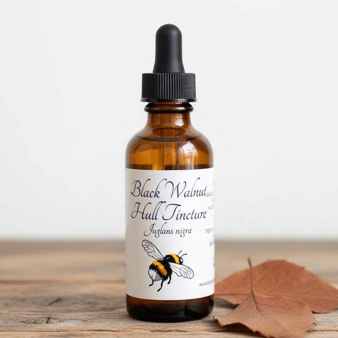 An amber glass dropper bottle labeled 'Black Walnut Hull Tincture' with a black dropper cap, standing on a rustic wooden surface with a dry brown leaf beside it against a light neutral background.