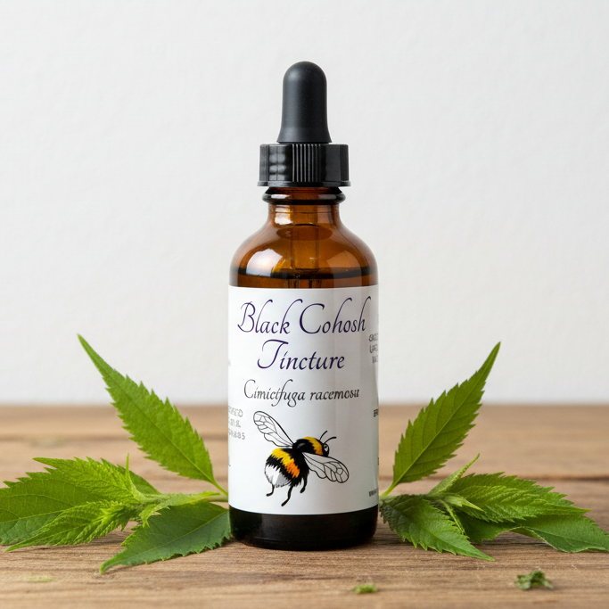 Label for Black Cohosh Tincture with bee illustration and text on a white background