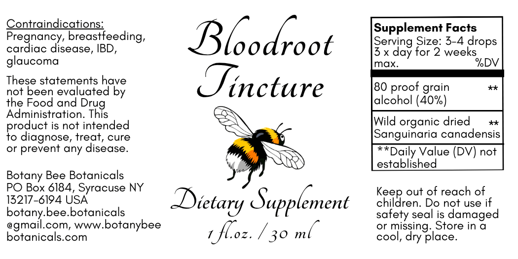 A product label for Bloodroot Tincture dietary supplement by Botany Bee Botanicals, featuring black text, a bumblebee illustration, and a supplement facts panel on a white background.
