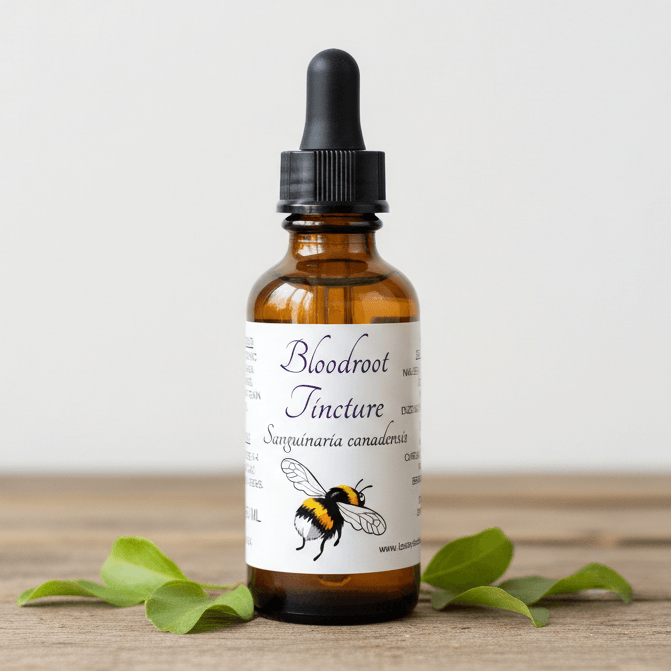 An amber glass dropper bottle labeled 'Bloodroot Tincture' with a black dropper cap, standing on a wooden surface with green leaves around it against a light neutral background.