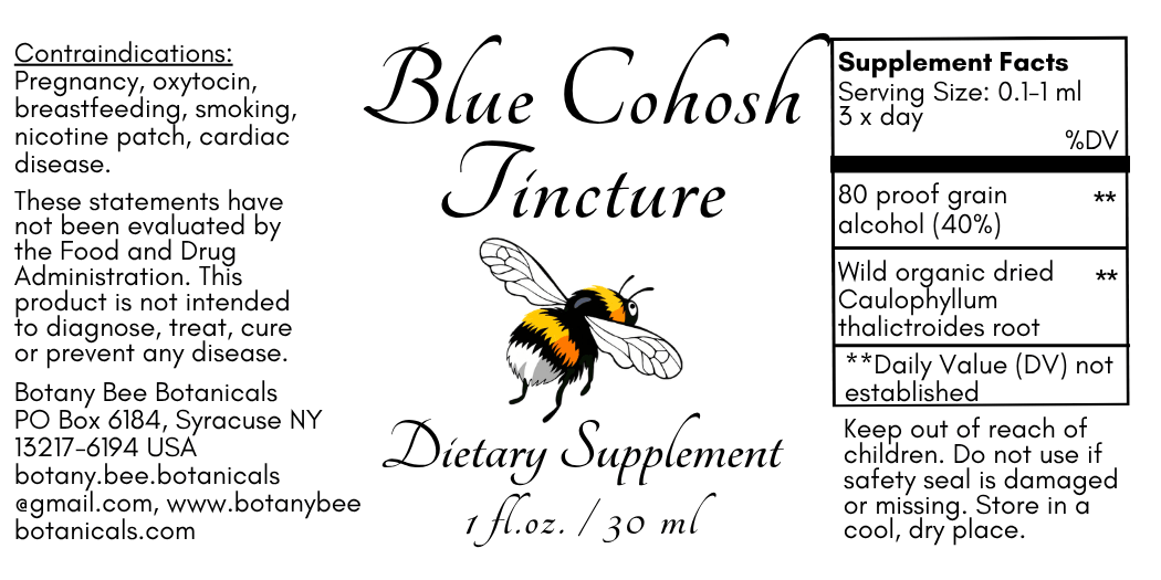 A product label for Blue Cohosh Tincture dietary supplement by Botany Bee Botanicals, featuring a black and white bee illustration, text details, and a supplement facts box on a white background.