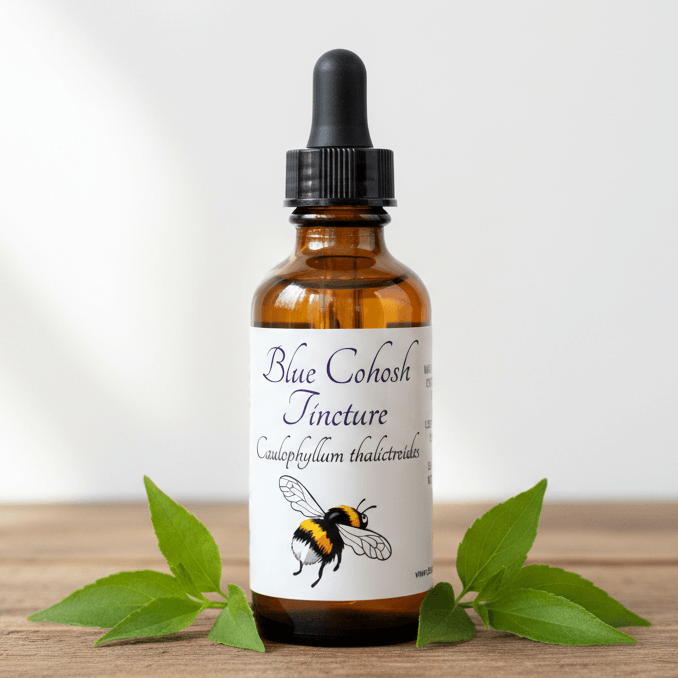 An amber glass dropper bottle labeled 'Blue Cohosh Tincture' with a black dropper cap, standing on a wooden surface with green leaves around it against a soft white background.