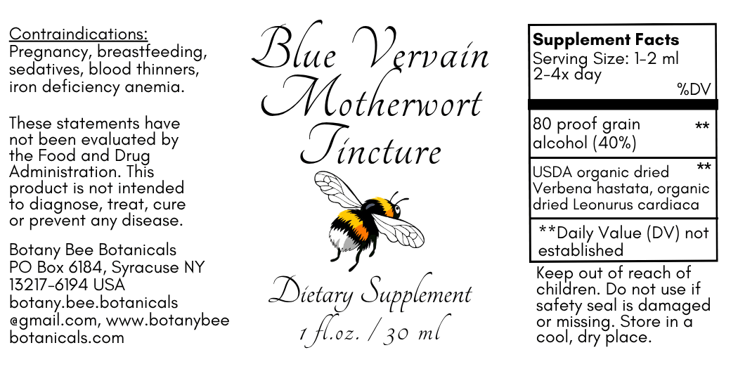 A product label for Blue Vervain Motherwort Tincture by Botany Bee Botanicals, featuring a black-and-white bumblebee illustration, usage text, and a supplement facts panel on a white background.