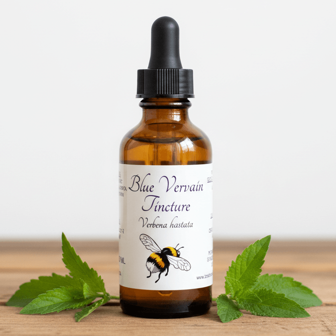 An amber glass dropper bottle labeled 'Blue Vervain Tincture' with a black dropper cap, standing on a wooden surface with green herb leaves on both sides against a light neutral background.