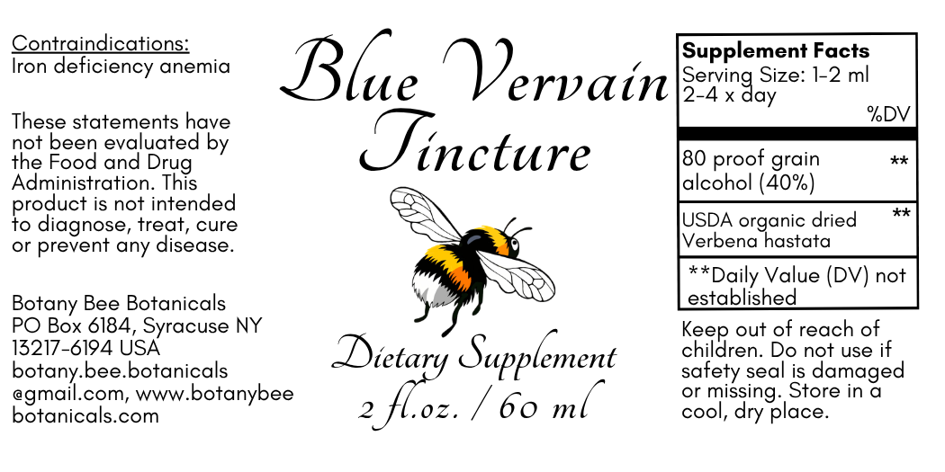 Blue Vervain Tincture dietary supplement label with a bee illustration, serving size, supplement facts, and storage instructions on a white background.