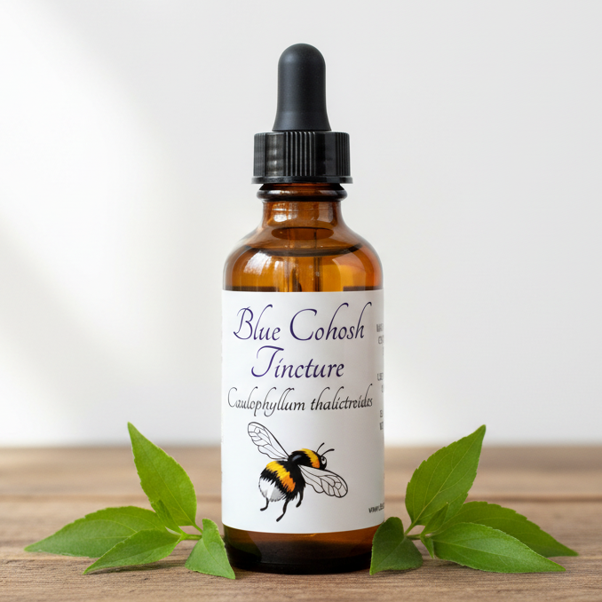 Label for Blue Cohosh Tincture with a bee illustration on a white background