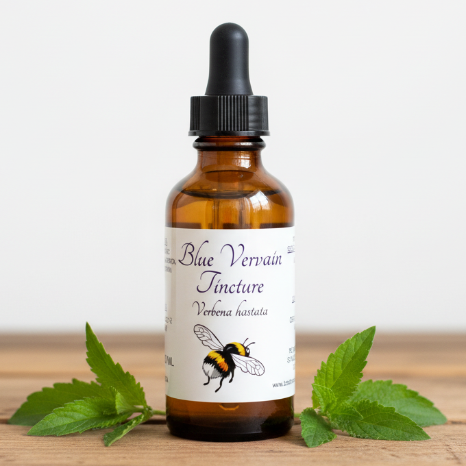 Label for Blue Vervain Tincture with a bee illustration on a white background