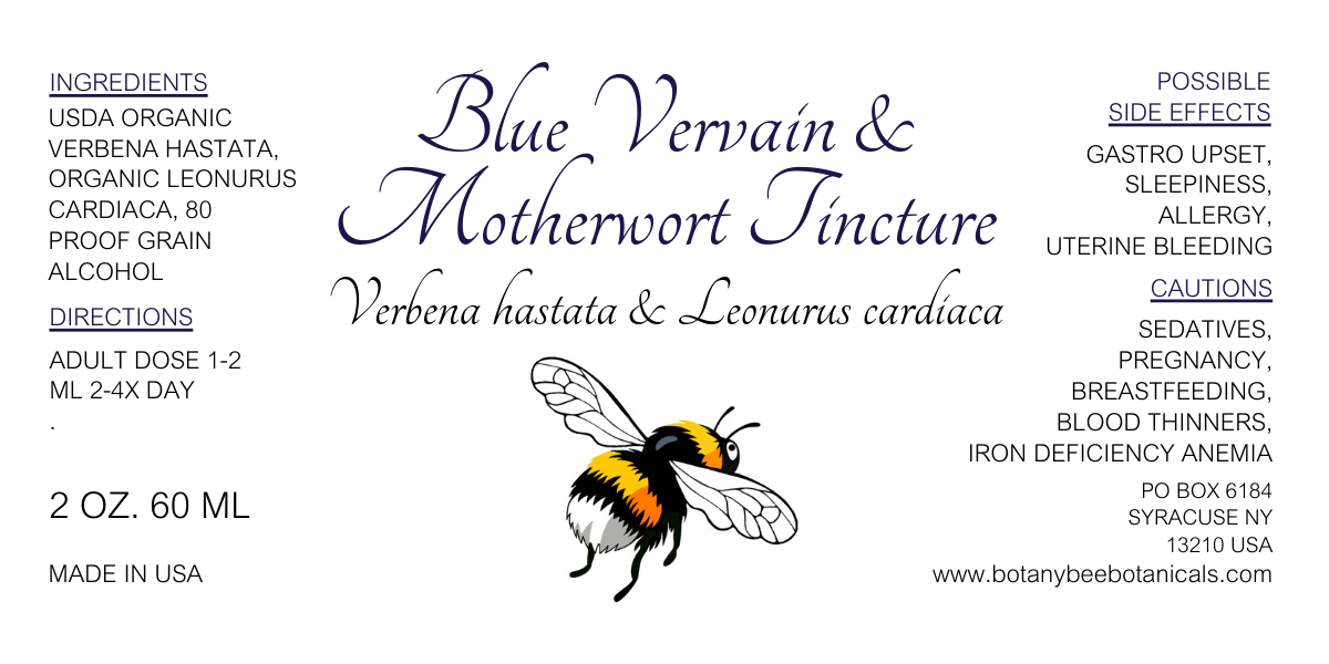 Label for Blue Vervain & Motherwort Tincture with a bee illustration on a white background