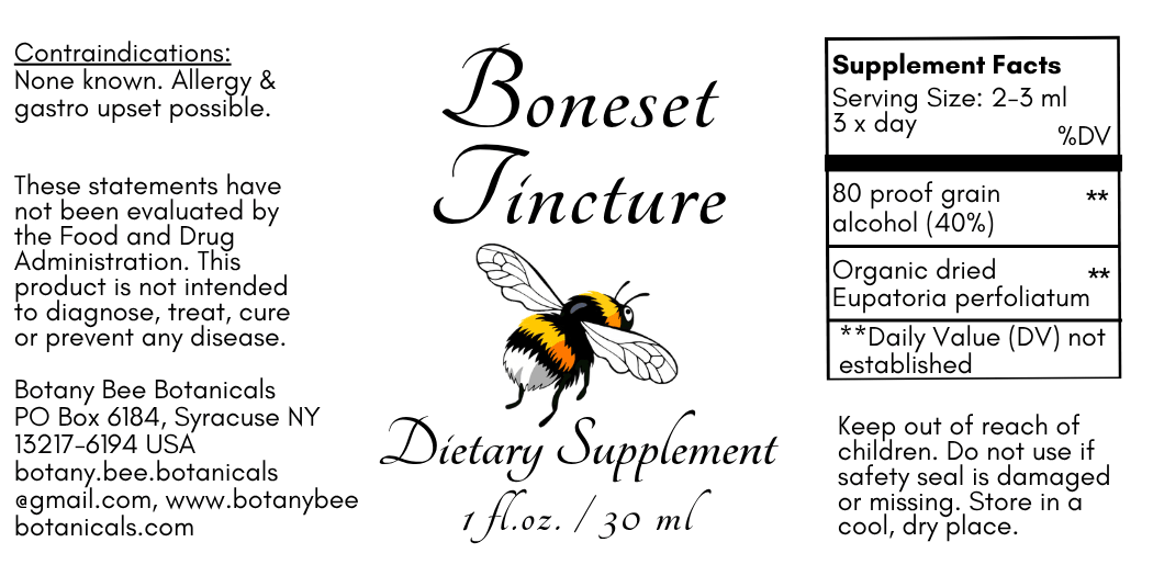 A product label for Boneset Tincture dietary supplement by Botany Bee Botanicals, featuring a bumblebee illustration and supplement facts text on a white background.