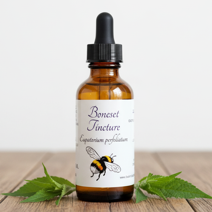 Boneset tincture label with bee illustration and text on a white background