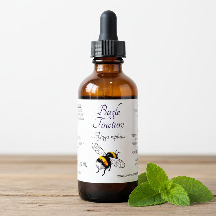 Label for Bugle Tincture with a bee illustration and text about ingredients, directions, and contact information.
