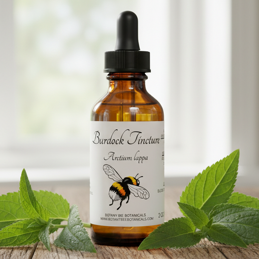 Label for Burdock Root Tincture with a bee illustration and text about ingredients, possible side effects, and directions.