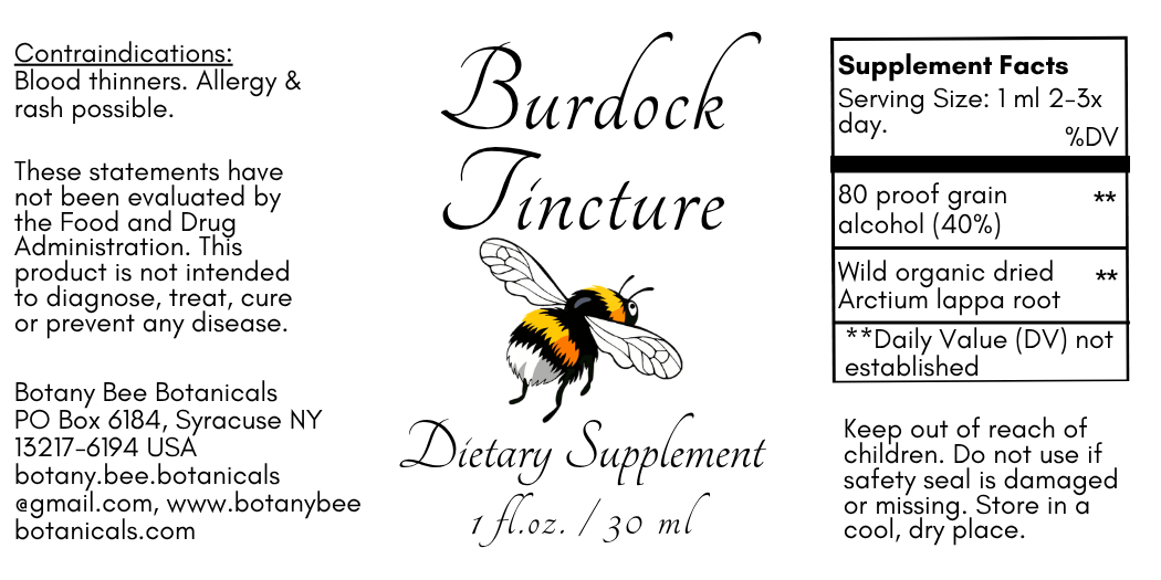 A product label for 'Burdock Tincture' by Botany Bee Botanicals, featuring a black and yellow bumblebee illustration, product name in elegant script, warning text, and a supplement facts panel on a white background.