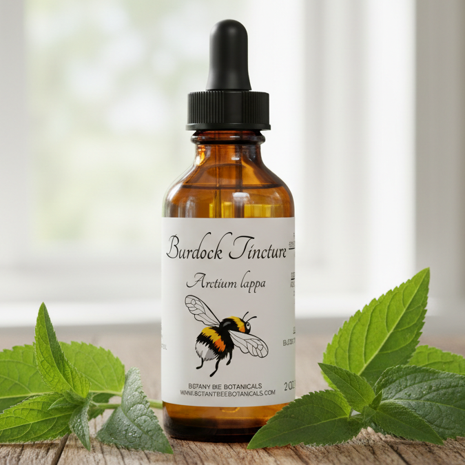 Label for Burdock Tincture with a bee illustration and text about ingredients, possible side effects, and directions.