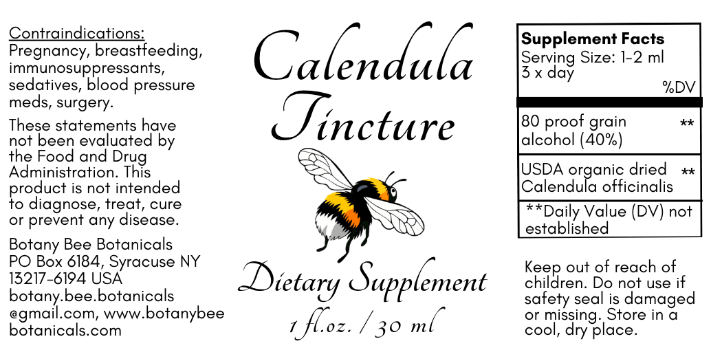 A product label for Calendula Juncture dietary supplement by Botany Bee Botanicals, featuring a black and white bumblebee illustration, usage warnings, and a supplement facts panel on a white background.