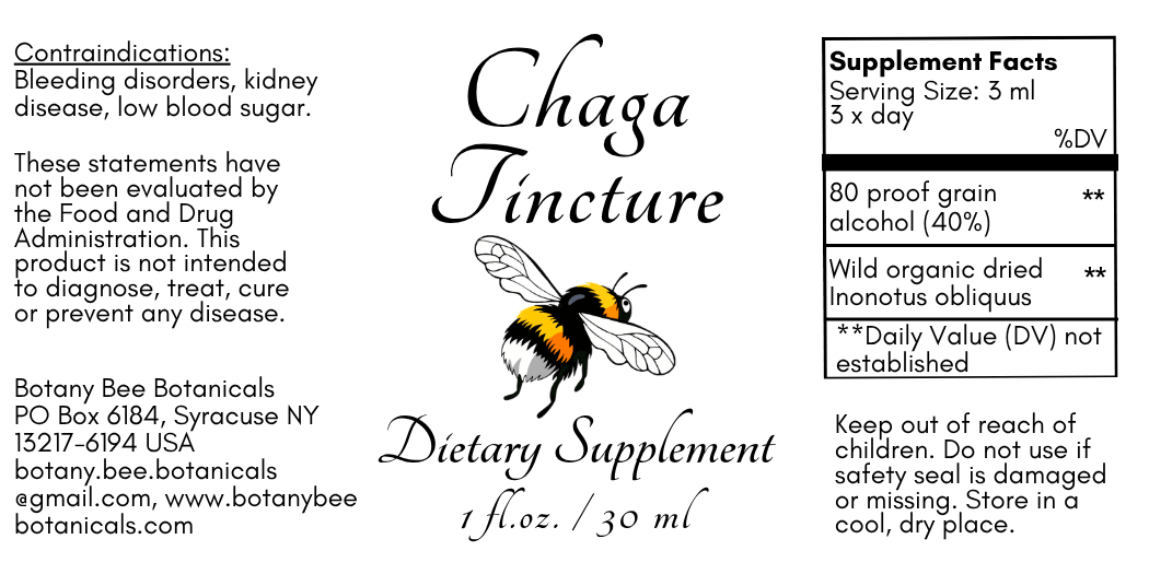 A product label for Chaga Tincture dietary supplement by Botany Bee Botanicals, featuring a black and white chaga mushroom illustration, usage warnings, and a supplement facts panel on a white background.