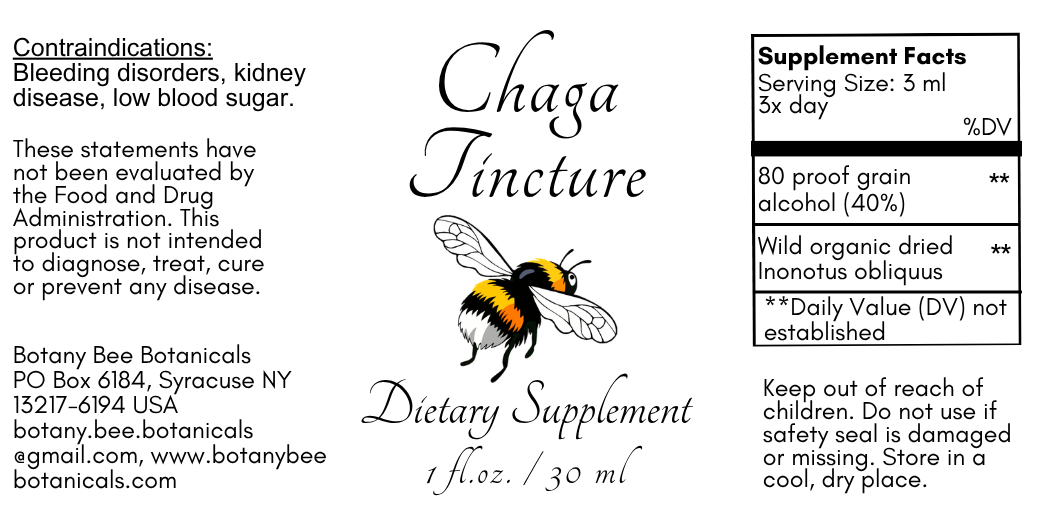 Label of Chaga Tincture dietary supplement with botanical bee illustration and text.