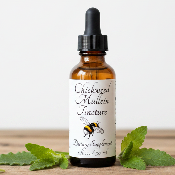 Label of Chickweed Mullein Tincture dietary supplement with botanical bee illustration and text.