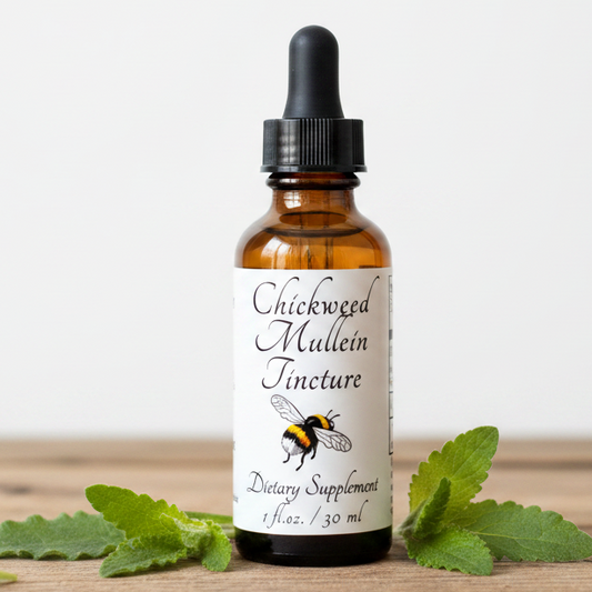 Label of Chickweed Mullein Tincture dietary supplement with botanical bee illustration and text.