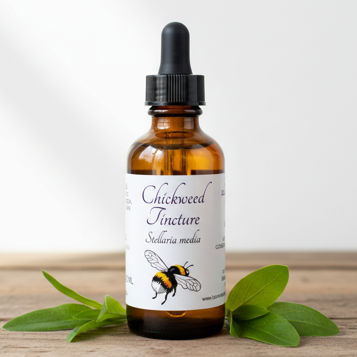 Label for Chickweed Tincture with a bee illustration on a white background