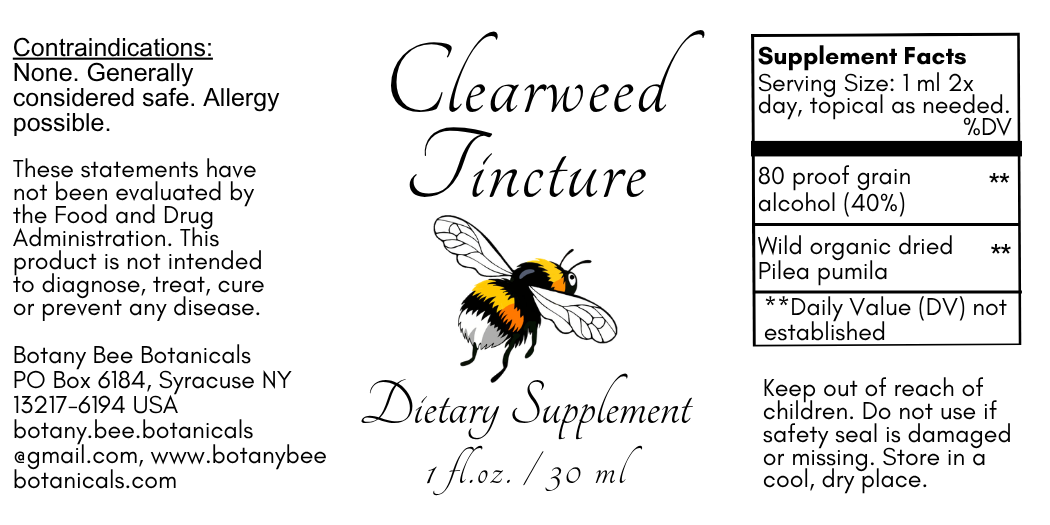 Label of Clearweed Tincture dietary supplement with a bee illustration and supplement facts.