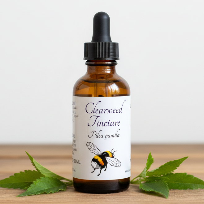 Clearweed tincture label with bee illustration and botanical details.