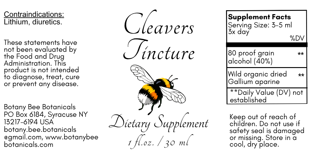 Label for Cleavers Tincture dietary supplement with bee illustration and text.