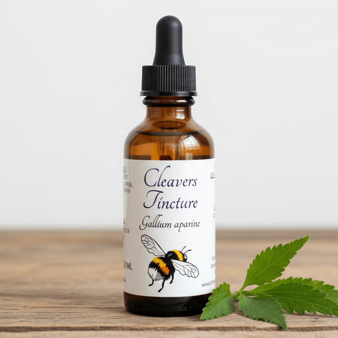An amber glass dropper bottle labeled 'Cleavers Tincture' with a black dropper cap, placed on a wooden surface with green herb leaves beside it against a light neutral background.