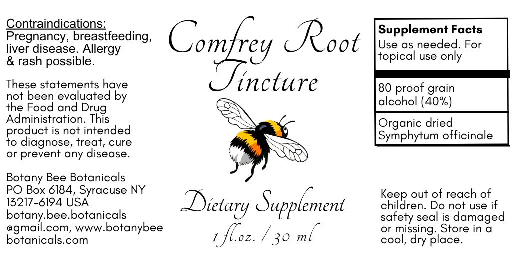 Label for Comfrey Root Tincture dietary supplement with a bee illustration and text.