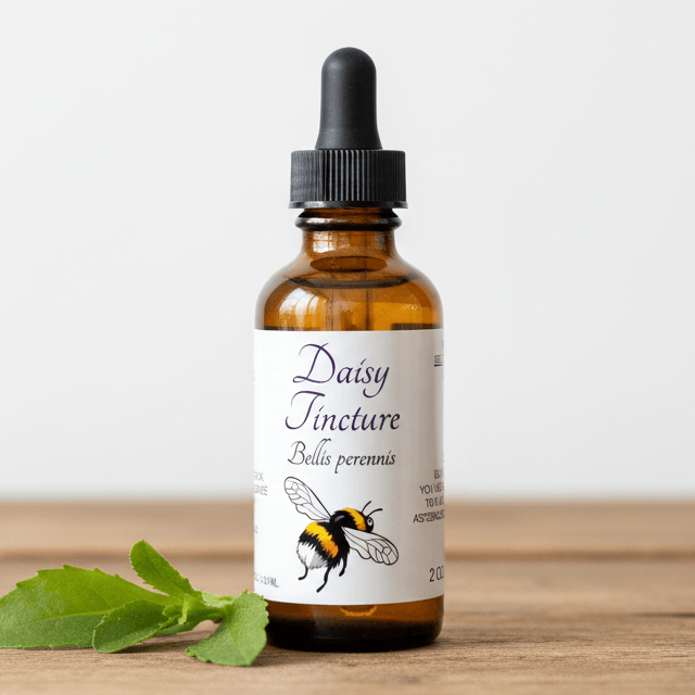 An amber glass dropper bottle labeled 'Daisy Tincture Bellis perennis' with a black dropper cap, standing on a wooden surface against a light background. A green leaf sprig rests beside the bottle.