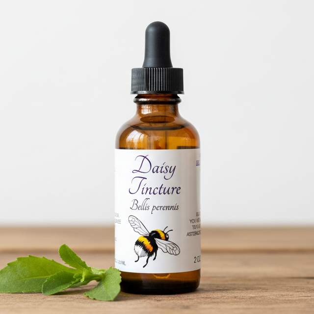 Label for Daisy Tincture with bee illustration and text on a white background