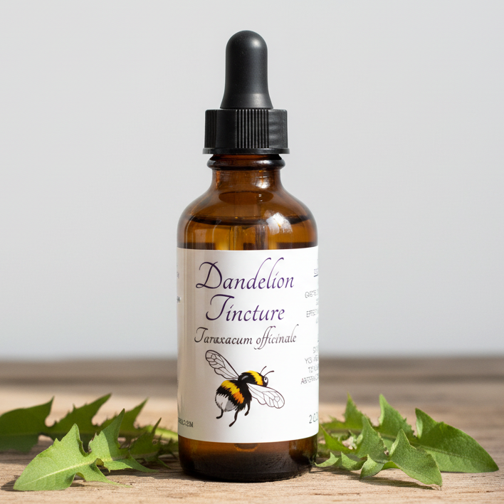 Label for Dandelion Tincture with botanical illustration and text details.