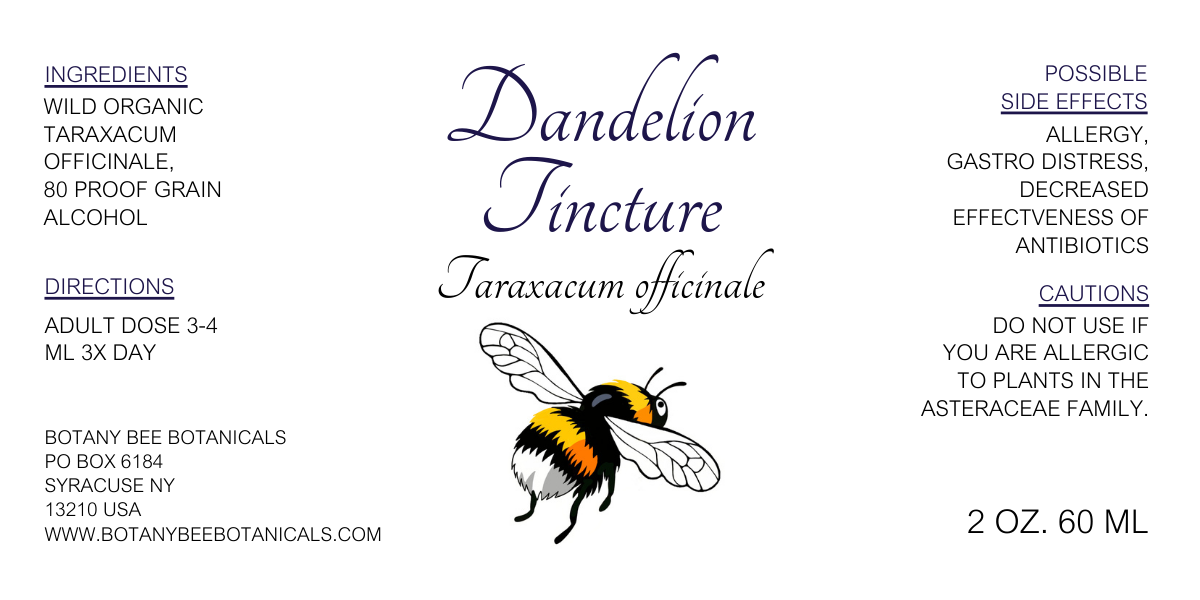 Label for Dandelion Tincture with botanical illustration and text details.