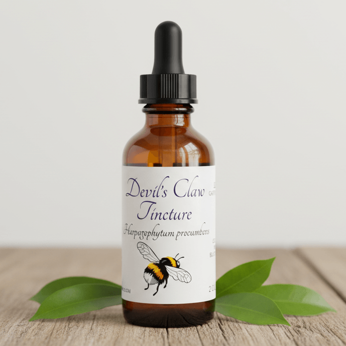 An amber glass dropper bottle with a black cap and a white label reading 'Devil's Claw Tincture' with a bee illustration, placed on a wooden surface with green leaves around it.