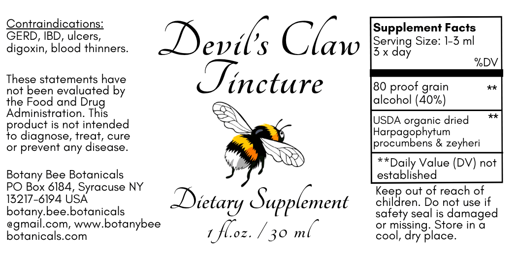 A black and white label for 'Ivil's Claw Tincture' dietary supplement by Botany Bee Botanicalics, featuring a bee illustration and a supplement facts box.