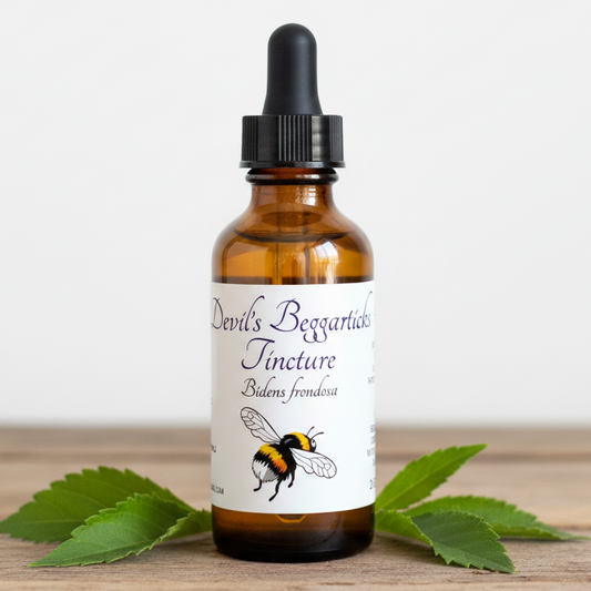 Label for Devil's Beggarticks Tincture with a bee illustration and text details.