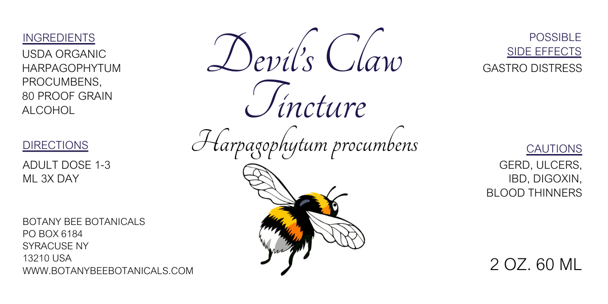 Label for Devil's Claw Tincture with a bee illustration and text details.